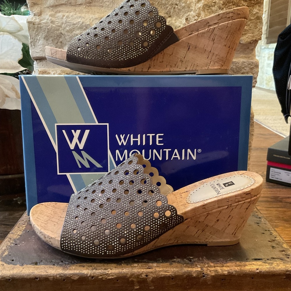 White Mountain Gunmetal Sparkle Wedge Shoes with Perforated Design